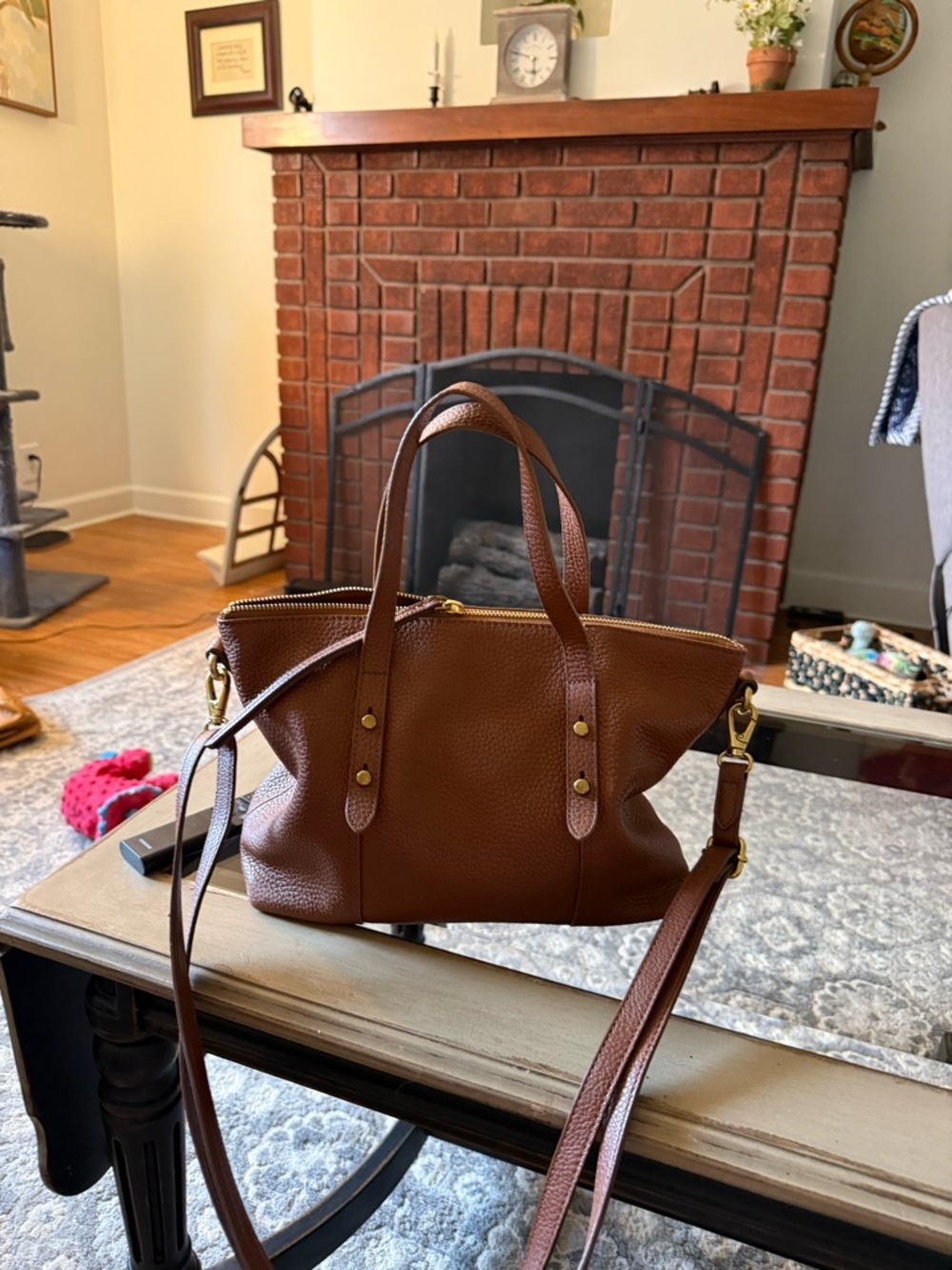 Fossil Cognac Pebbled Leather Satchel with Removable Strap